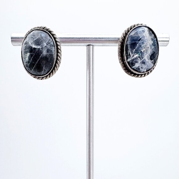 VTG Sterling Silver 925 Sodalite Bezel Set Oval Dangle Earrings One Size - Picture 1 of 9